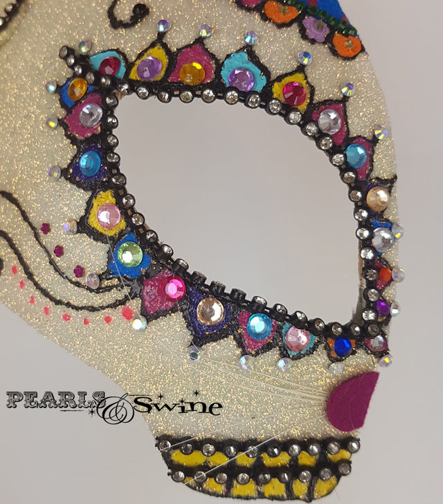 Day of the Dead cat, sugar skull inspired glitter half mask fascinator for sale UK