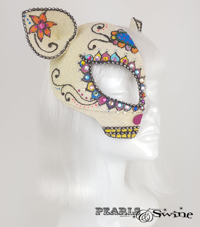 Day of the Dead cat, sugar skull mask, crazy cat lady headwear