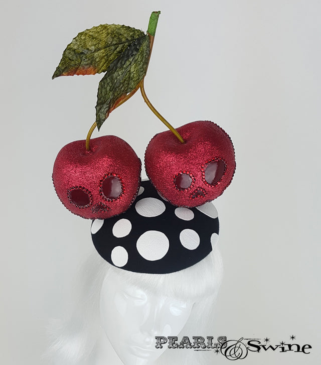 Giant Cherry Glitter Skull Hat, rock & roll bridal headpiece
