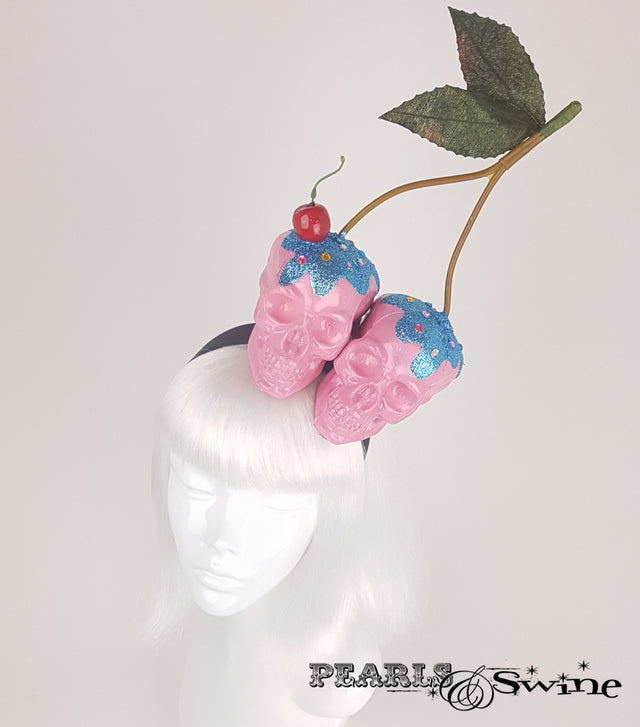 Skull Cherry Cupcake Headband pink blue cake hat