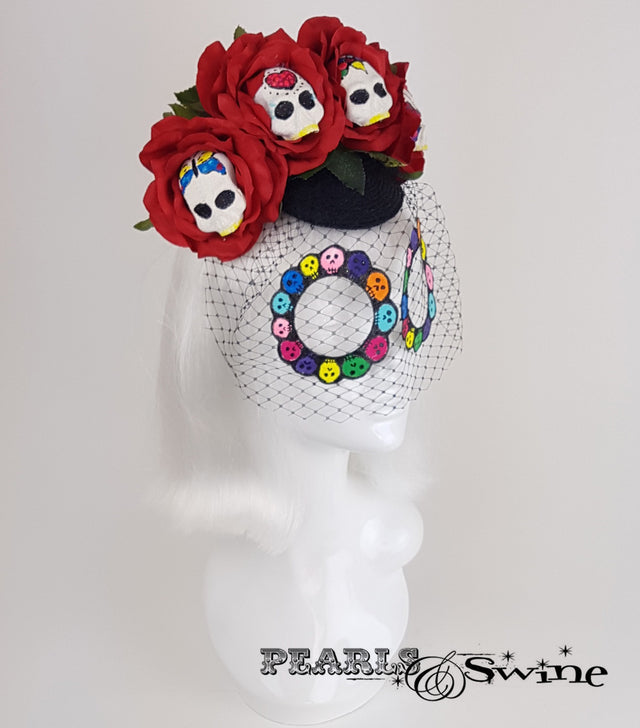 Sugar Skull Veiled Headdress, weird millinery UK