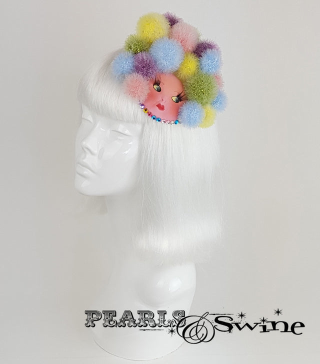 doll face fascinator pom pom millinery UK