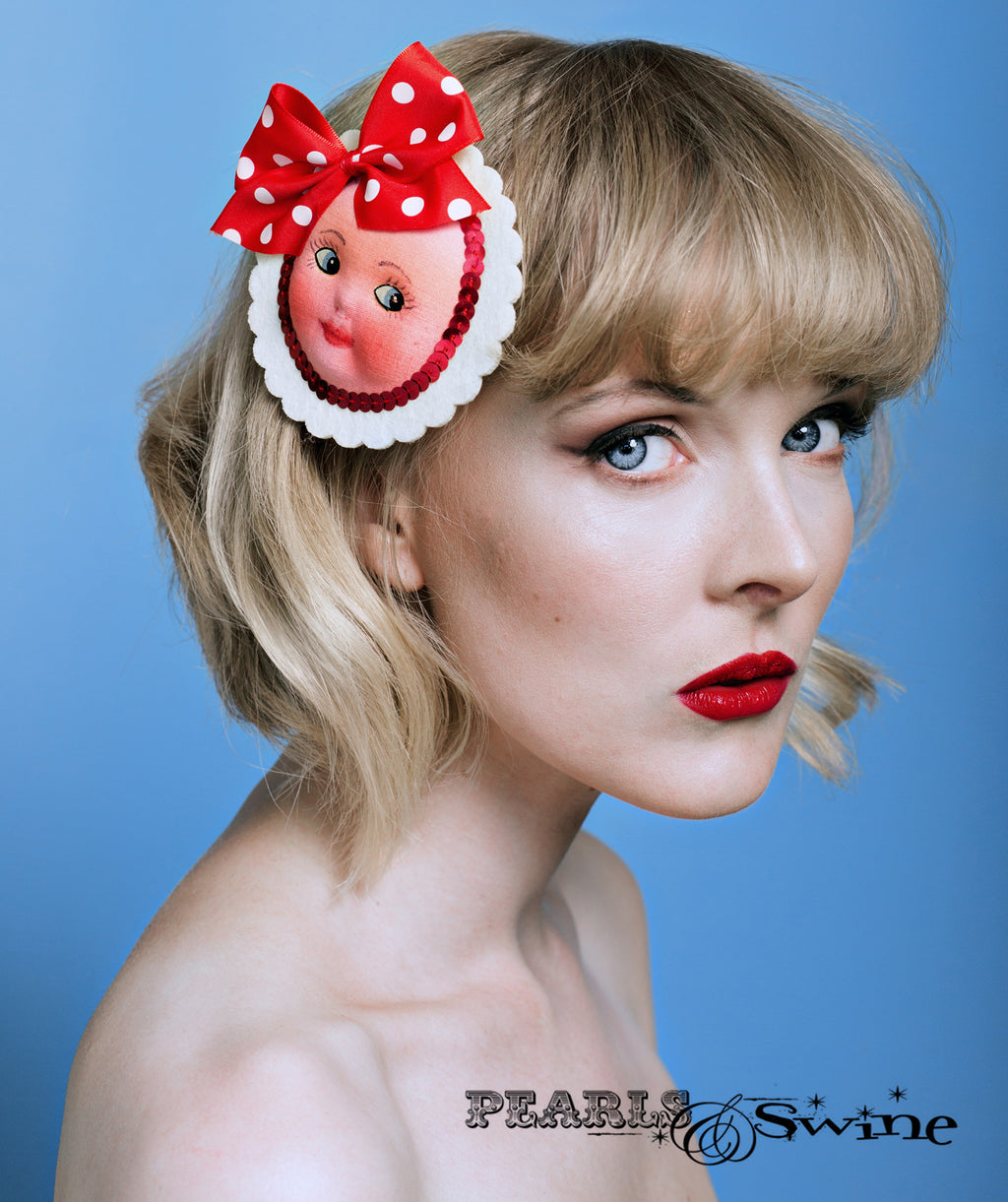 Vintage Doll Face Hair Clip "Popsy" Pearls & Swine