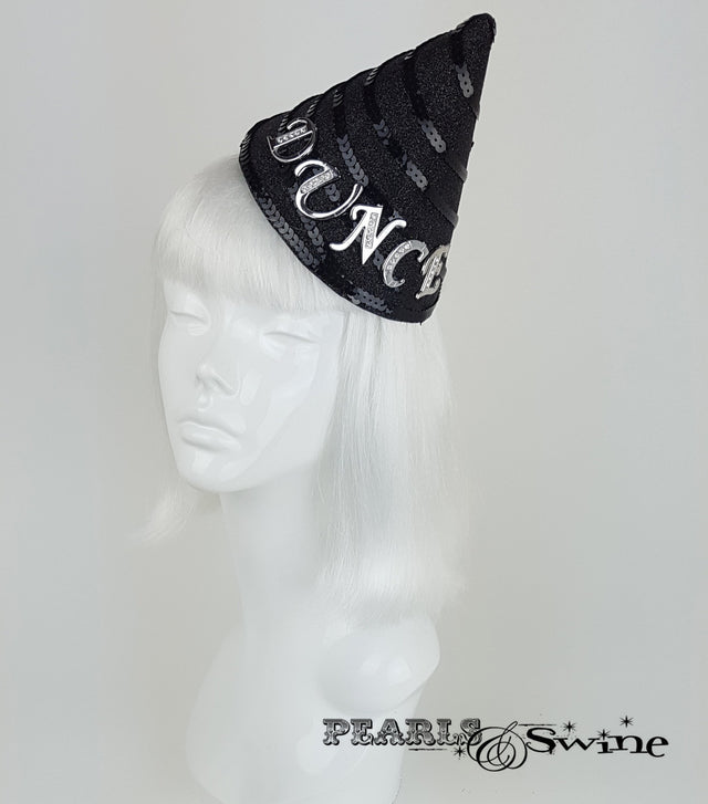 black glitter dunce headpiece