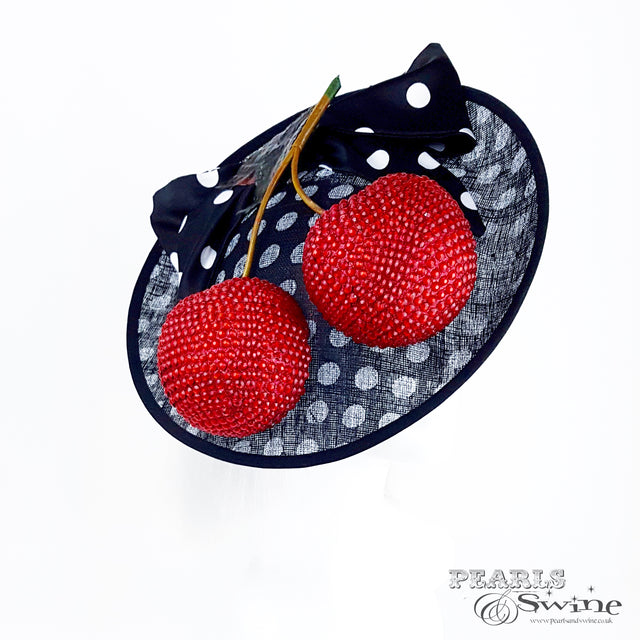 black & white polka dots with giant cherries hat