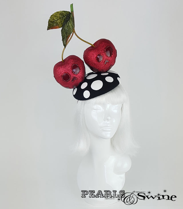 Giant Cherry Glitter Skull Hat. British millinery
