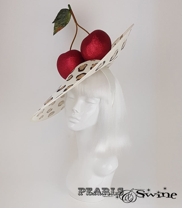 Giant red glittered cherries leopard print hat