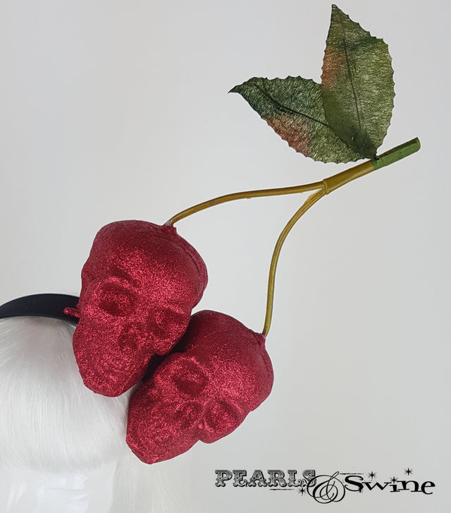 giant red glitter cherry skull headdress, ladies hats UK