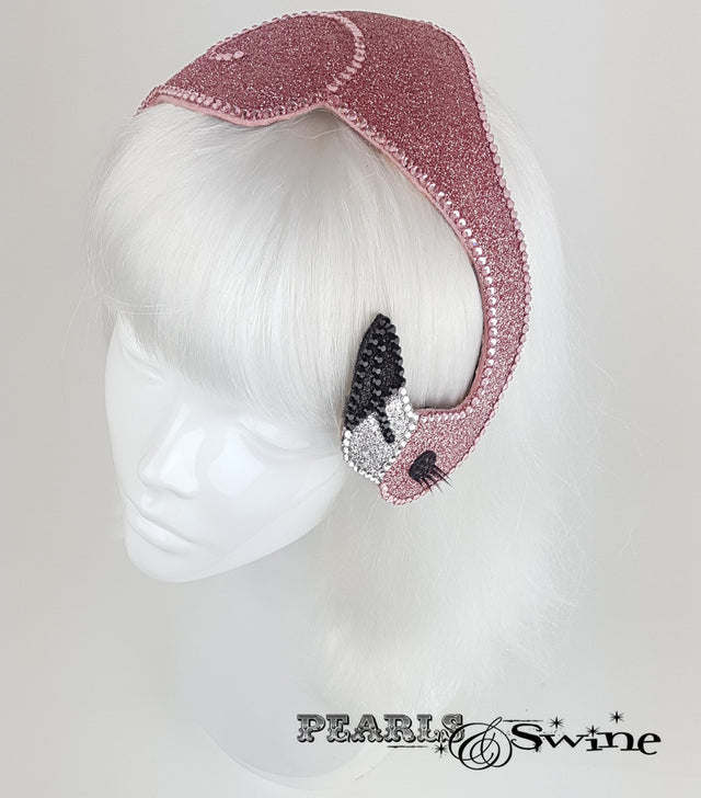 Pink Glitter Vintage Flamingo Hat, rock & roll bridal headpiece