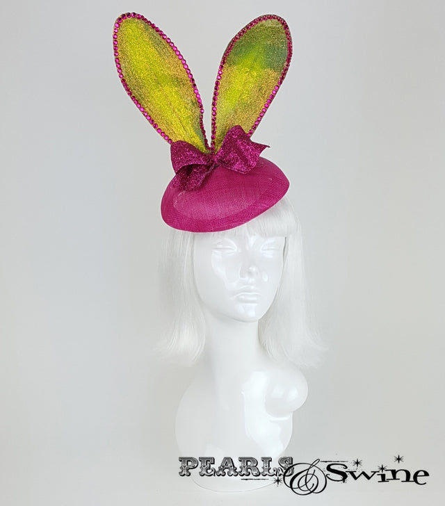 pink green glitter bunny ear hat