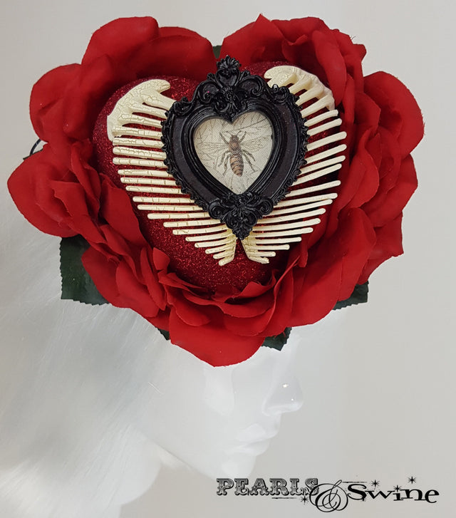 Red Glitter Heart, Rose & Ribs Hat, surreal hats for sale UK