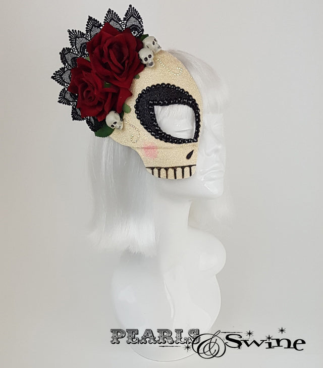 glitter sugar skull day of the dead half mask fascinator
