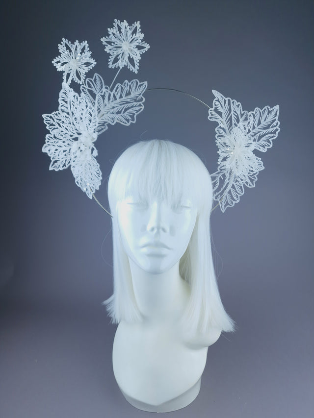 Pearls & Swine: White Glitter Flower Halo Headdress "Ice"