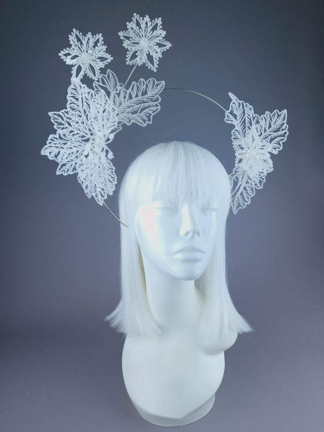 Pearls & Swine: White Glitter Flower Halo Headdress "Ice"