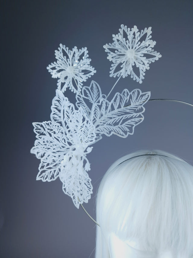 Pearls & Swine: White Glitter Flower Halo Headdress "Ice"