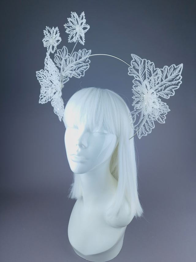 Pearls & Swine: White Glitter Flower Halo Headdress "Ice"