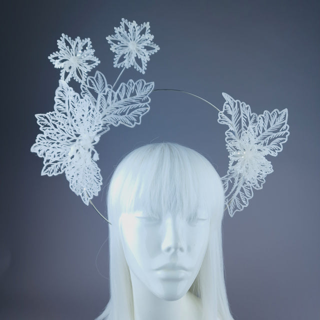Pearls & Swine: White Glitter Flower Halo Headdress "Ice"