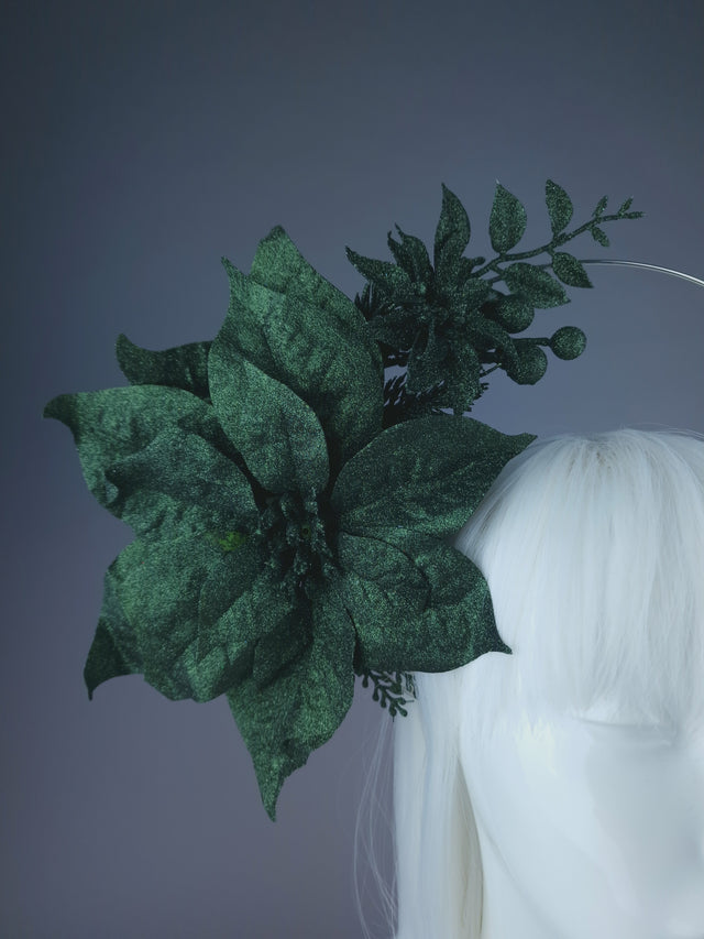 Pearls & Swine: Dark Green Glitter Flower Halo Headdress "Depths"
