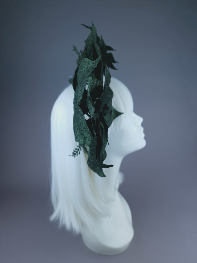 Pearls & Swine: Dark Green Glitter Flower Halo Headdress "Depths"