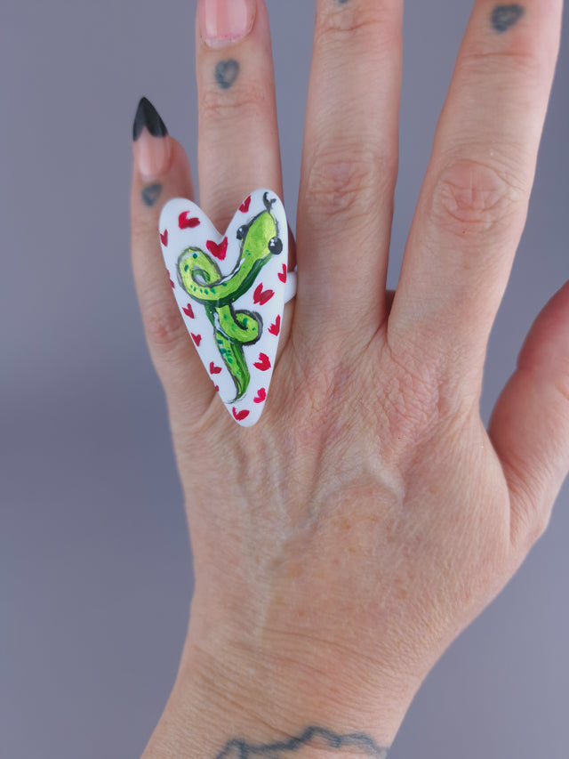 Pearls & Swine: Large Hand Painted Heart Snake Ring