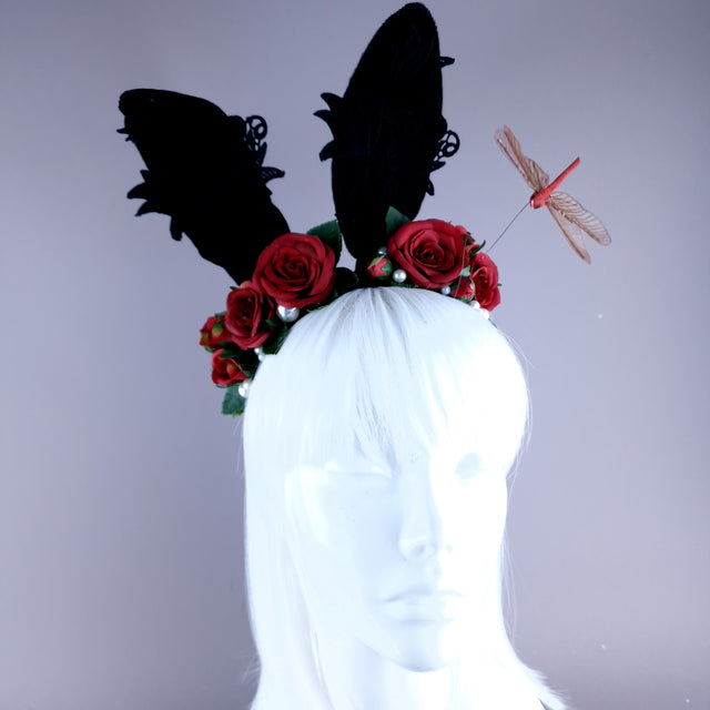 "Bunni" Black Bunny Rabbit Ears with Red Roses & Pearls Headpiece