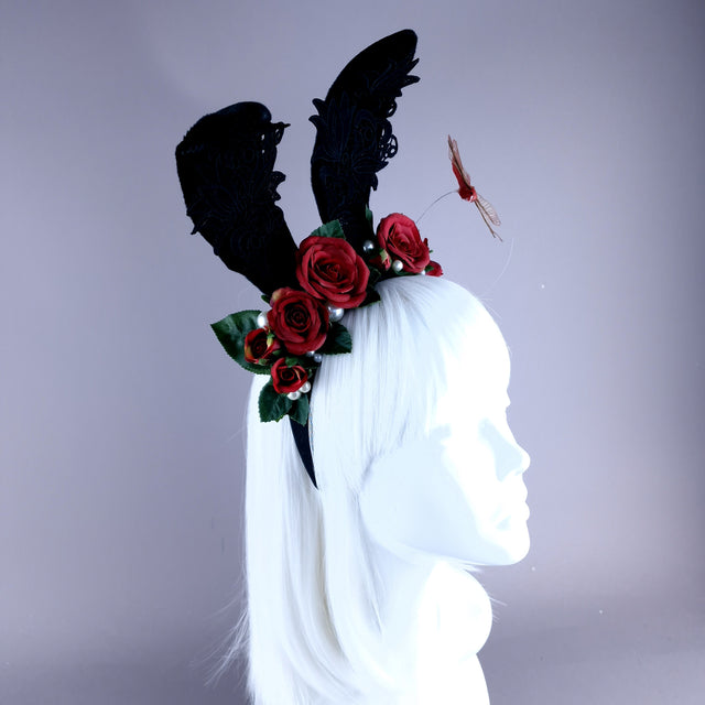 "Bunni" Black Bunny Rabbit Ears with Red Roses & Pearls Headpiece