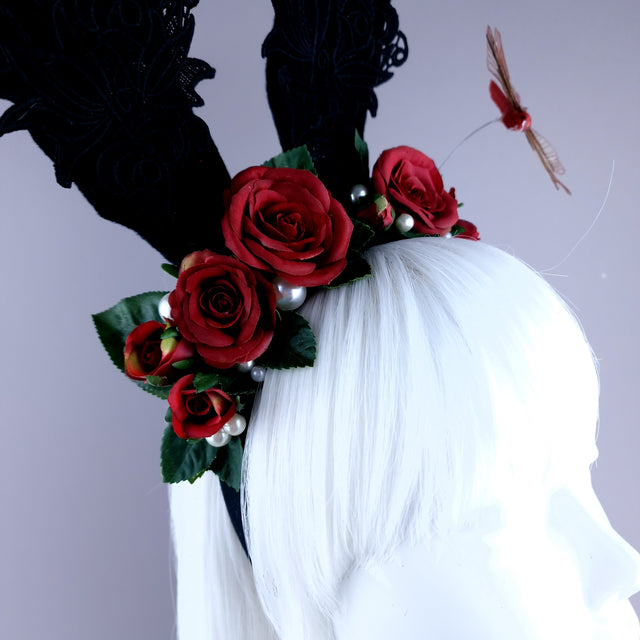 "Bunni" Black Bunny Rabbit Ears with Red Roses & Pearls Headpiece