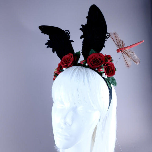 "Bunni" Black Bunny Rabbit Ears with Red Roses & Pearls Headpiece