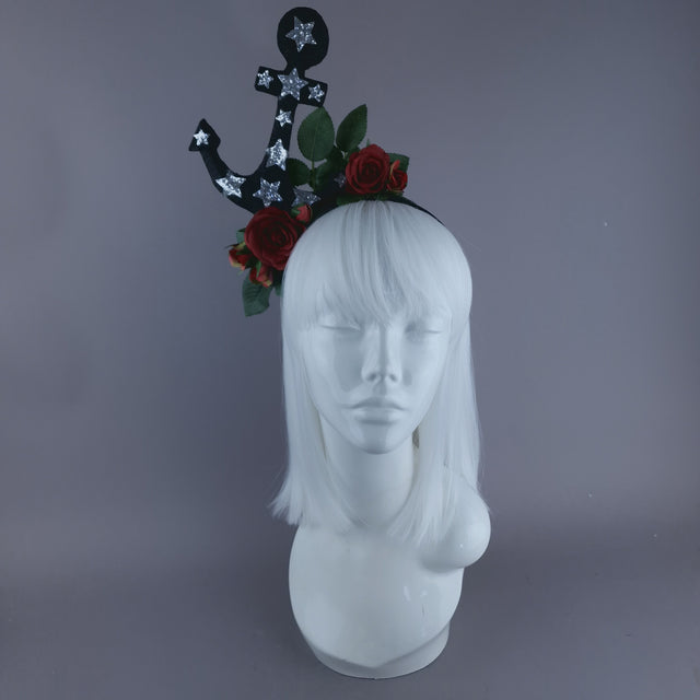 "Umiko" Black Anchor with Red Roses Headpiece