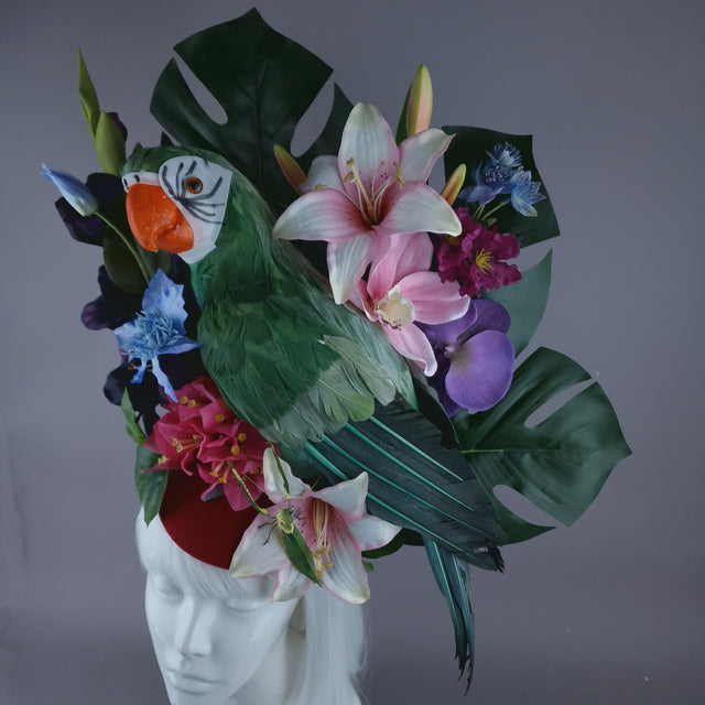 "Isla" Colourful Parrot, Flower & Tropical Leaf Fascinator Hat