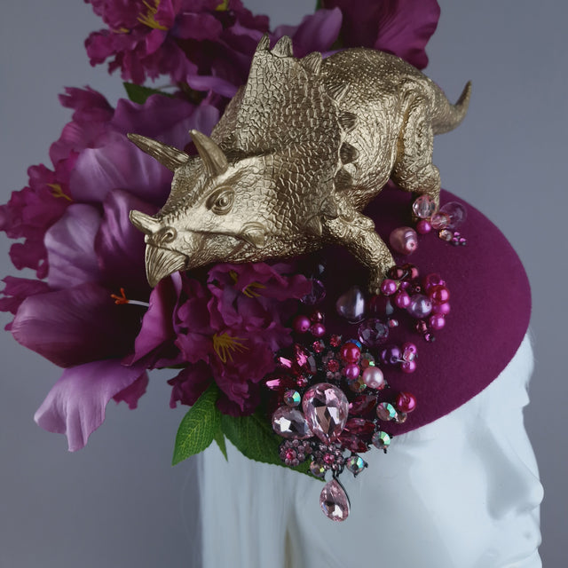 "Trinny" Gold Dinosaur, Pink Flowers & Beads Fascinator Hat
