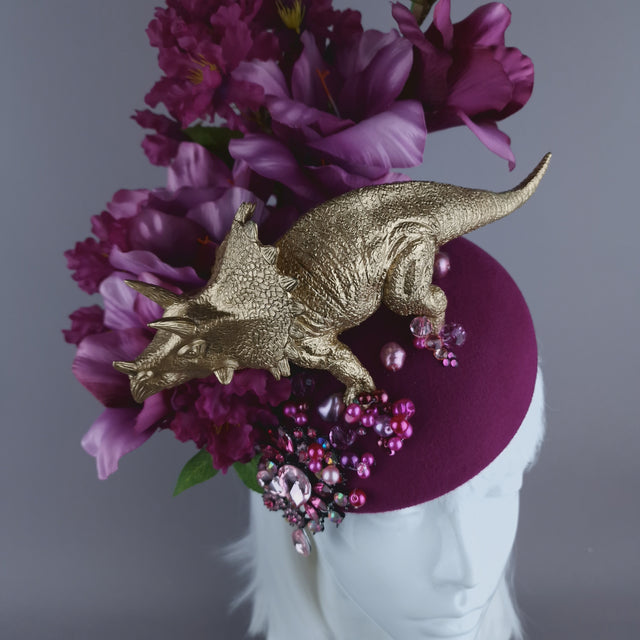 "Trinny" Gold Dinosaur, Pink Flowers & Beads Fascinator Hat