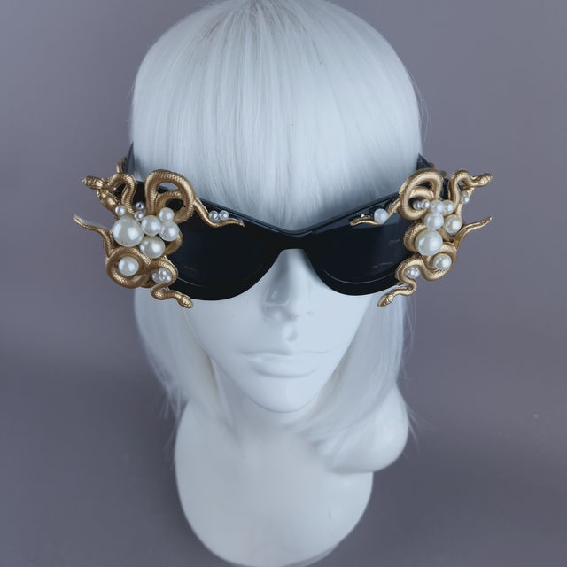 "Medusa" Gold & Pearl Snake Black Sunglasses