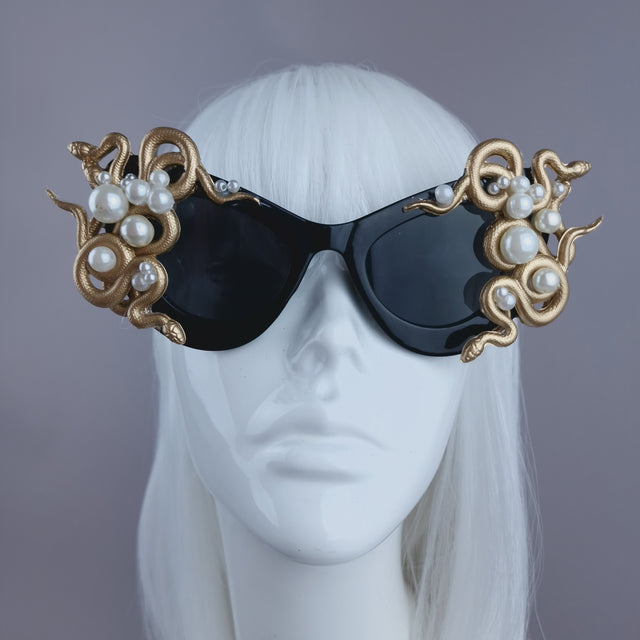 "Medusa" Gold & Pearl Snake Black Sunglasses