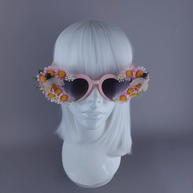 "Twiggy" Pink Flower & Bees Heart Shaped Sunglasses