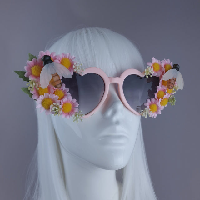 "Twiggy" Pink Flower & Bees Heart Shaped Sunglasses