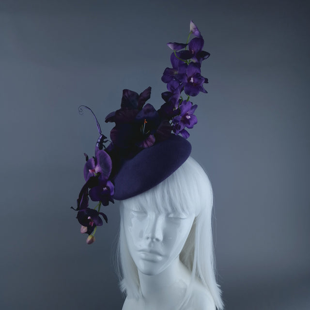 "Bibi" Purple Orchid & Beetle Fascinator Hat
