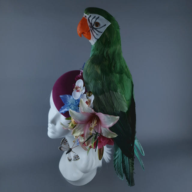 "Soliel" Colourful Parrot & Tropical Flower Fascinator Hat