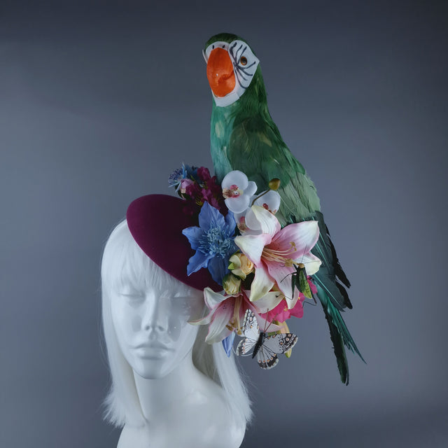 "Soliel" Colourful Parrot & Tropical Flower Fascinator Hat