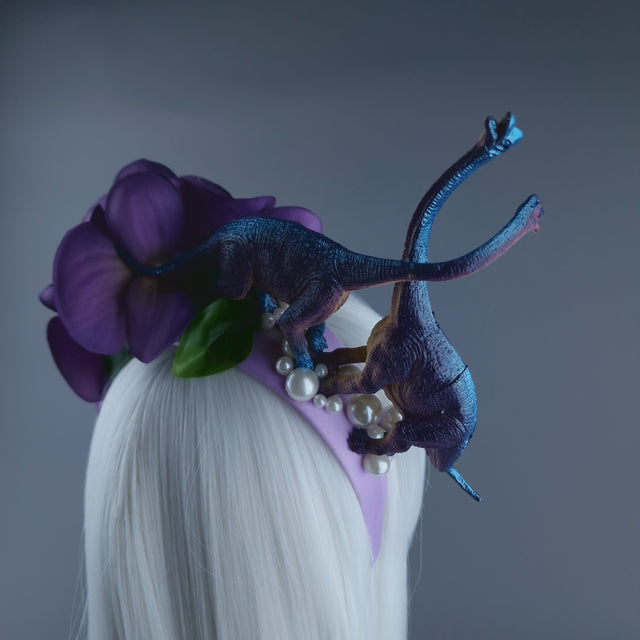 "Dino Love" Dinosaur, Pearls & Purple Orchid Headdress