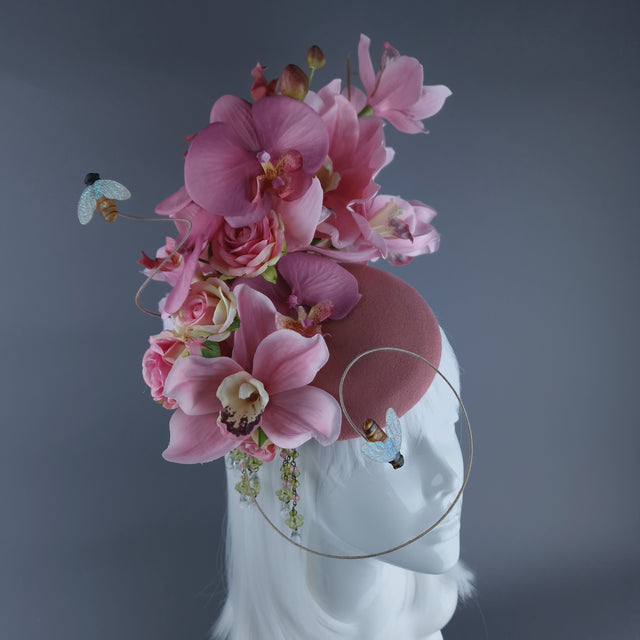 "Noa" Pink Flowers & Bees Fascinator Hat