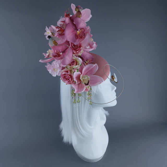 "Noa" Pink Flowers & Bees Fascinator Hat