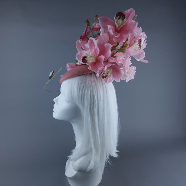 "Noa" Pink Flowers & Bees Fascinator Hat