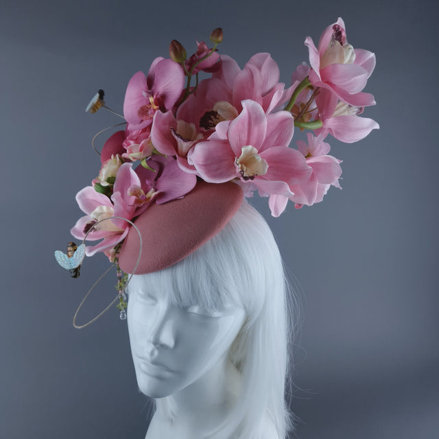 "Noa" Pink Flowers & Bees Fascinator Hat