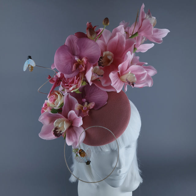 "Noa" Pink Flowers & Bees Fascinator Hat