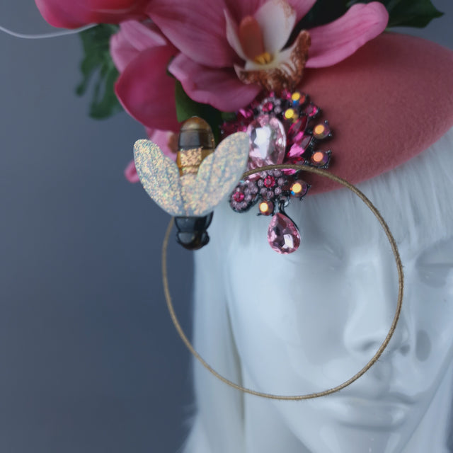 "Altheda" Pink Orchids, Butterflies & Bees Fascinator Hat