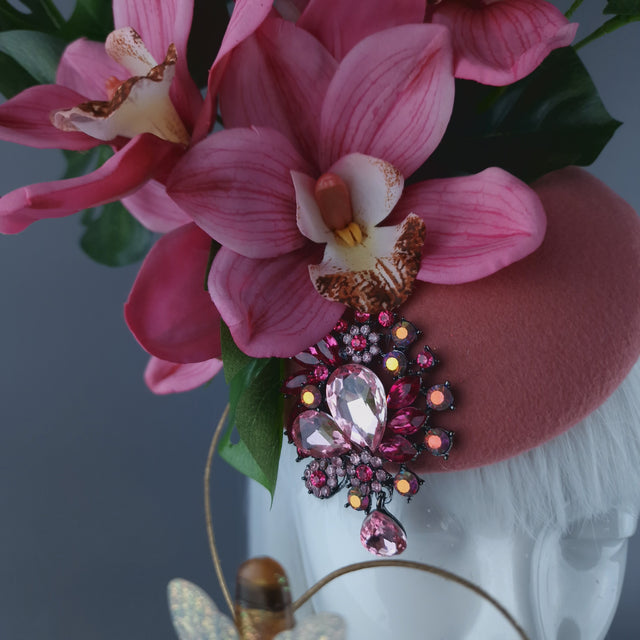 "Altheda" Pink Orchids, Butterflies & Bees Fascinator Hat