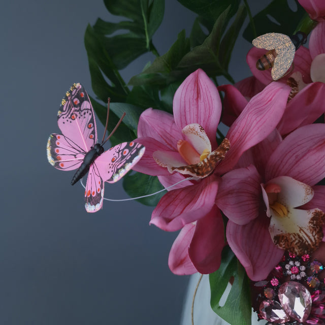 "Altheda" Pink Orchids, Butterflies & Bees Fascinator Hat