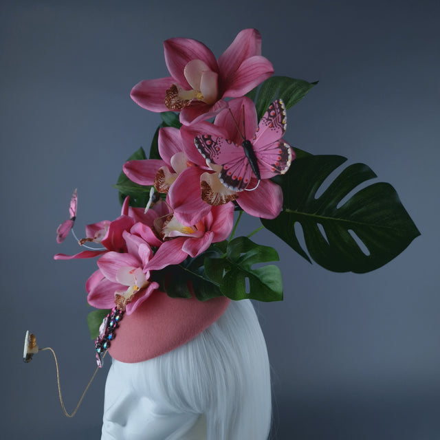 "Altheda" Pink Orchids, Butterflies & Bees Fascinator Hat