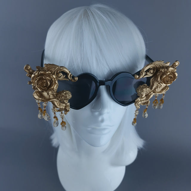 "Seraphina" Black & Gold Cherub, Filigree & Beading Heart Shaped Sunglasses